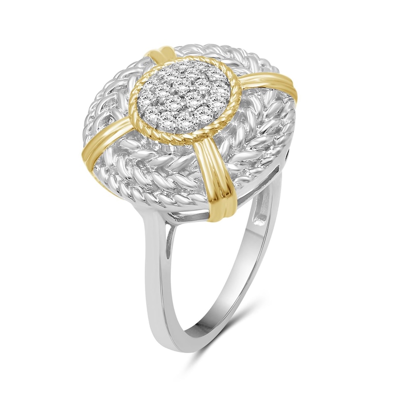 Main Image 2 of 1/4 CT. T.W. Multi-Diamond Braided Rope Triple Frame Ribbon Wrap Medallion Ring in Sterling Silver and 14K Gold Plate