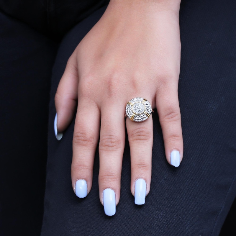 Main Image 3 of 1/4 CT. T.W. Multi-Diamond Braided Rope Triple Frame Ribbon Wrap Medallion Ring in Sterling Silver and 14K Gold Plate