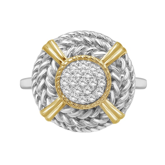 1/4 CT. T.w. Multi-Diamond Braided Rope Triple Frame Ribbon Wrap Medallion Ring in Sterling Silver and 14K Gold Plate