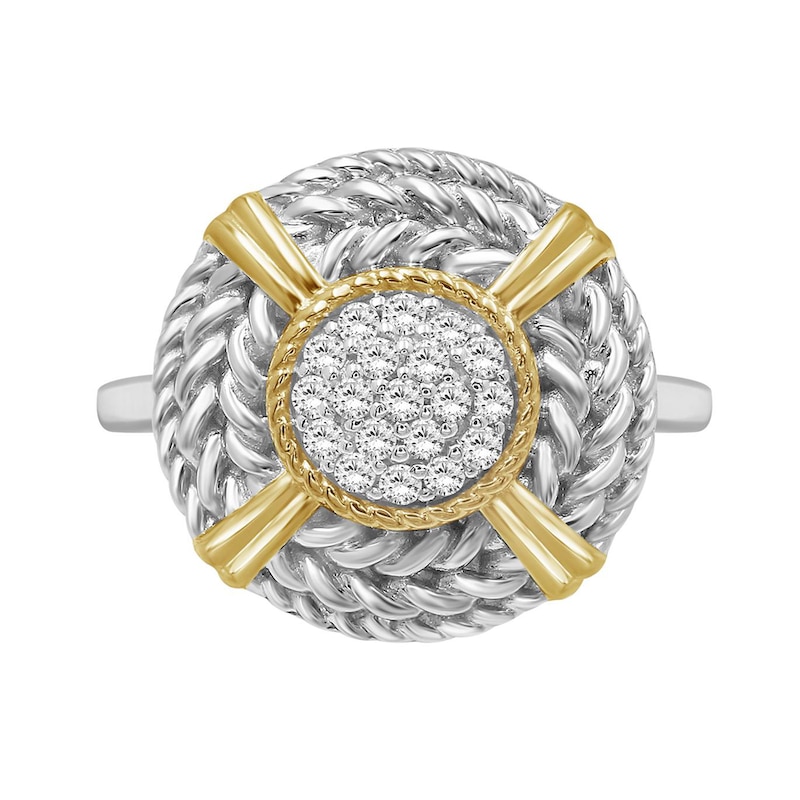 Main Image 4 of 1/4 CT. T.W. Multi-Diamond Braided Rope Triple Frame Ribbon Wrap Medallion Ring in Sterling Silver and 14K Gold Plate