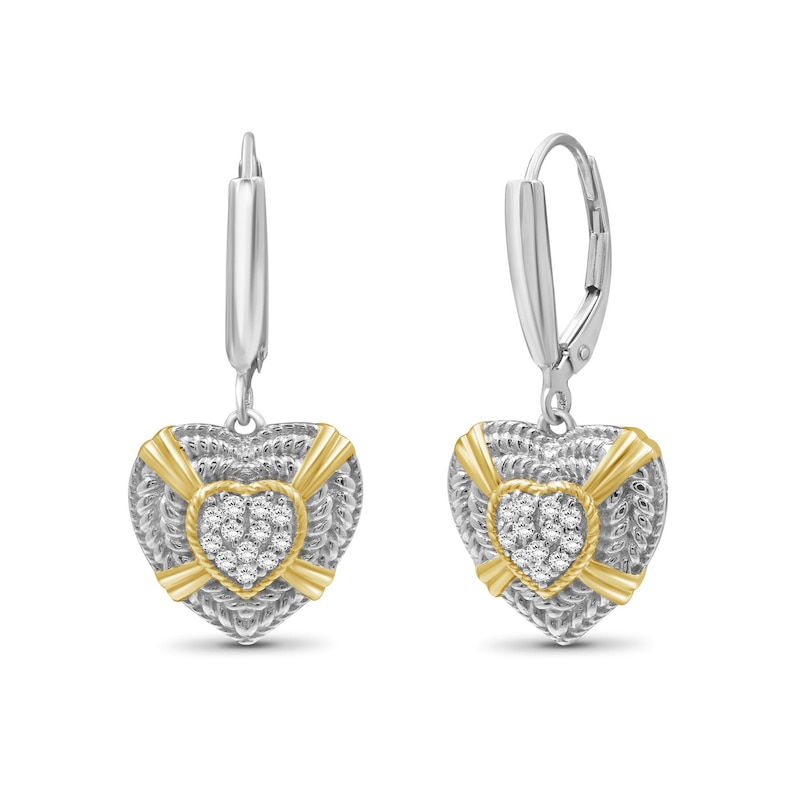 Main Image 1 of 1/4 CT. T.W. Heart-Shaped Multi-Diamond Braided Rope Triple Frame Drop Earrings in Sterling Silver and 14K Gold Plate
