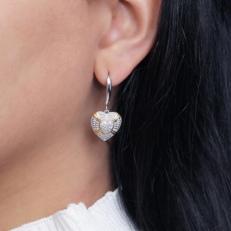 Main Image 2 of 1/4 CT. T.W. Heart-Shaped Multi-Diamond Braided Rope Triple Frame Drop Earrings in Sterling Silver and 14K Gold Plate