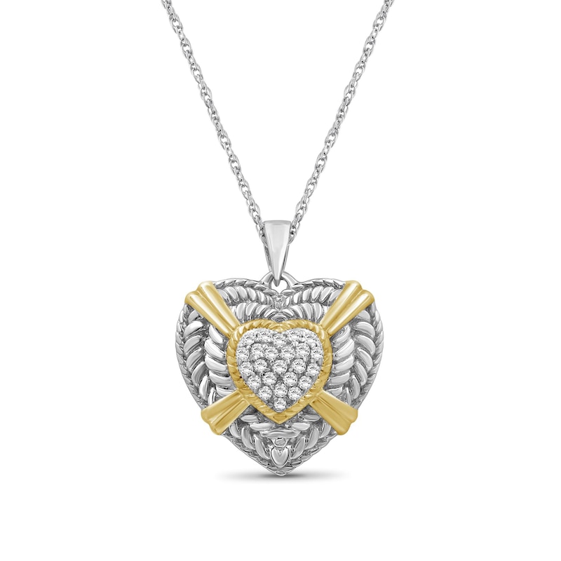 Main Image 1 of 1/4 CT. T.W. Heart-Shaped Multi-Diamond Braided Rope Triple Frame Drop Pendant in Sterling Silver and 14K Gold Plate
