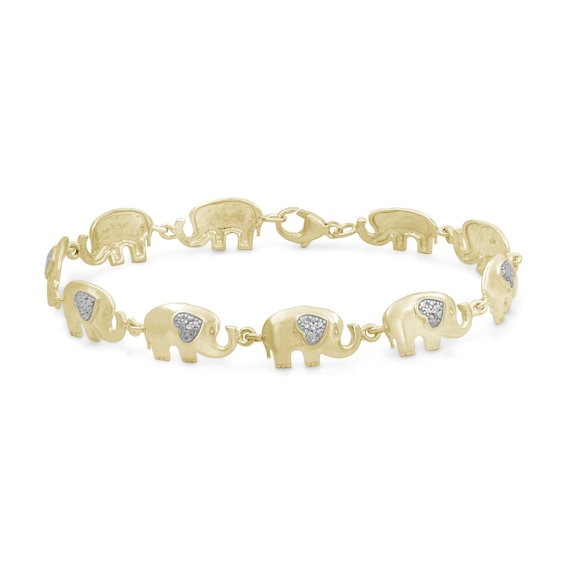 Diamond Accent Beaded Heart-Ears Elephant Link Bracelet in Sterling Silver with 14K Gold Plate - 7.5"
