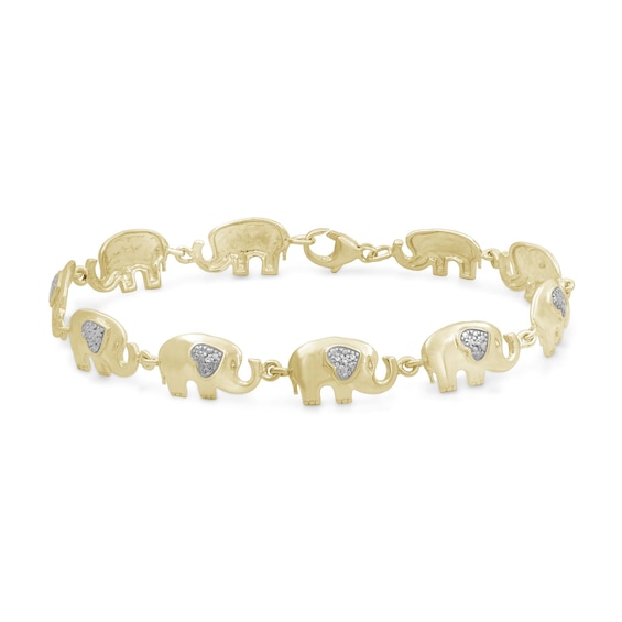 Diamond Accent Beaded Heart-Ears Elephant Link Bracelet in Sterling Silver with 14K Gold Plate - 7.5"