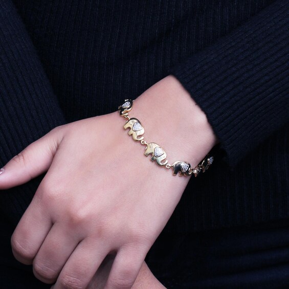 Diamond Accent Beaded Heart-Ears Elephant Link Bracelet in Sterling Silver with 14K Gold Plate - 7.5"