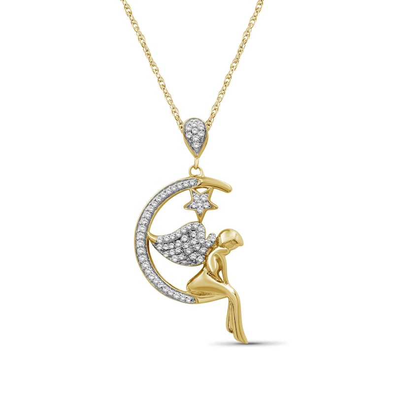 Main Image 1 of 1/5 CT. T.W. Diamond Fairy on Crescent Moon and Star Drop Pendant in Sterling Silver with 14K Gold Plate
