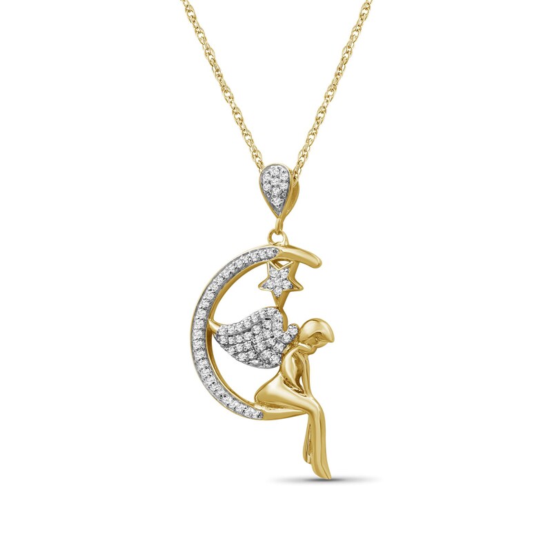 Main Image 2 of 1/5 CT. T.W. Diamond Fairy on Crescent Moon and Star Drop Pendant in Sterling Silver with 14K Gold Plate