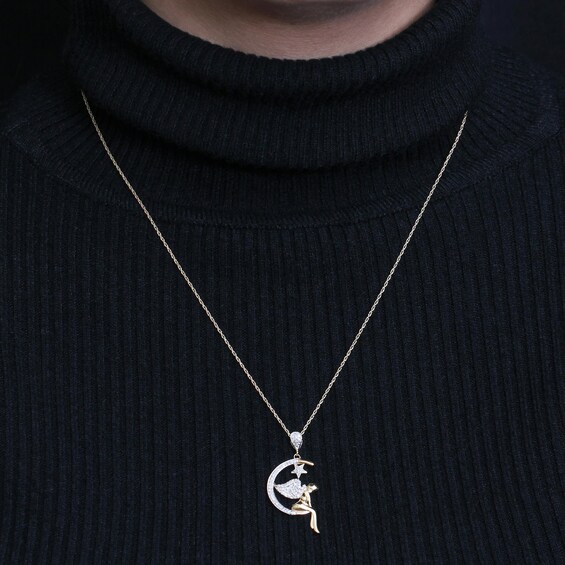 1/5 CT. T.w. Diamond Fairy on Crescent Moon and Star Drop Pendant in Sterling Silver with 14K Gold Plate
