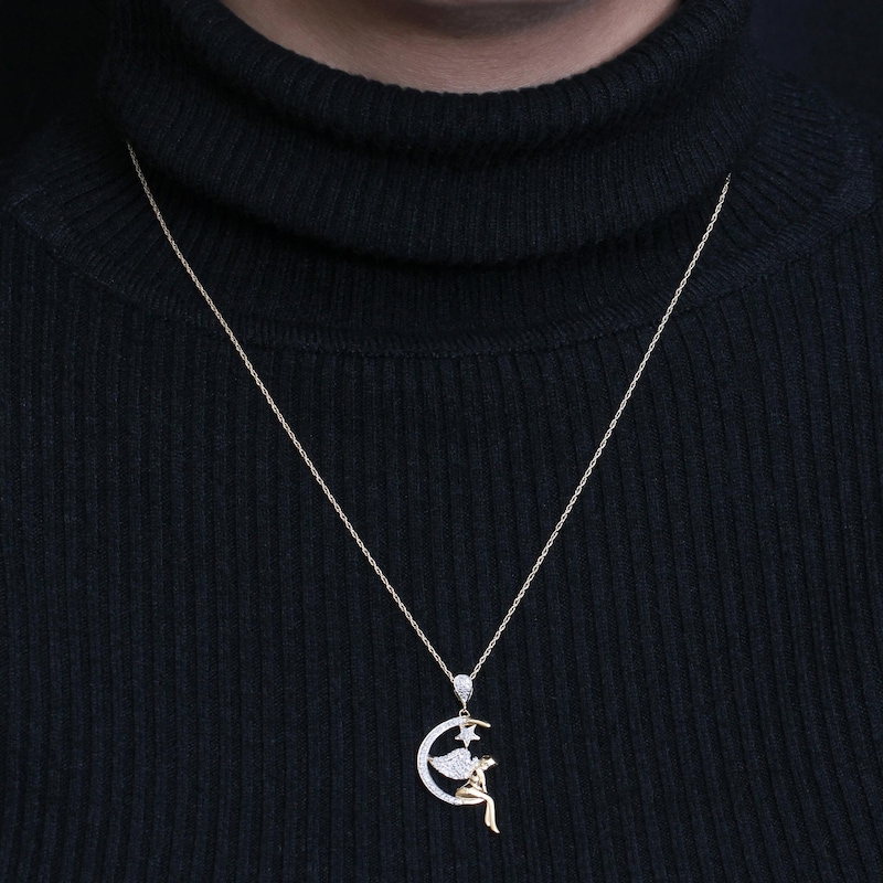 Main Image 3 of 1/5 CT. T.W. Diamond Fairy on Crescent Moon and Star Drop Pendant in Sterling Silver with 14K Gold Plate