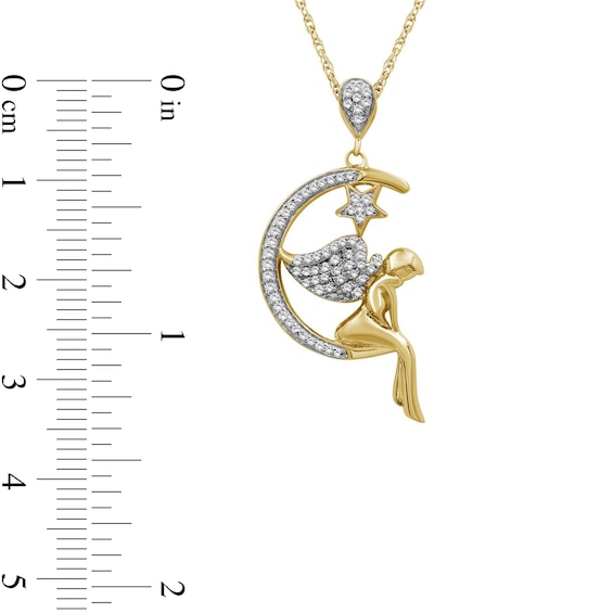 1/5 CT. T.w. Diamond Fairy on Crescent Moon and Star Drop Pendant in Sterling Silver with 14K Gold Plate