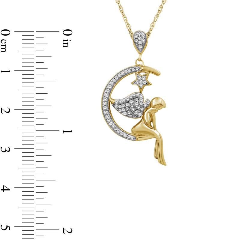Main Image 4 of 1/5 CT. T.W. Diamond Fairy on Crescent Moon and Star Drop Pendant in Sterling Silver with 14K Gold Plate