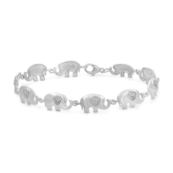 Diamond Accent Beaded Heart-Ears Elephant Link Bracelet in Sterling Silver - 7.5"
