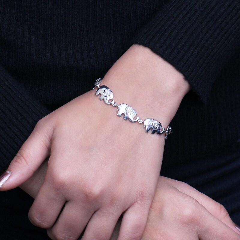 Diamond Accent Beaded Heart-Ears Elephant Link Bracelet in Sterling Silver  - 7.5\