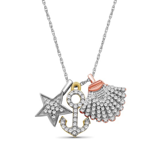 1/3 CT. T.w. Diamond Star, Anchor, and Seashell Charm Pendant in Sterling Silver and 14K Two-Tone Gold Plate