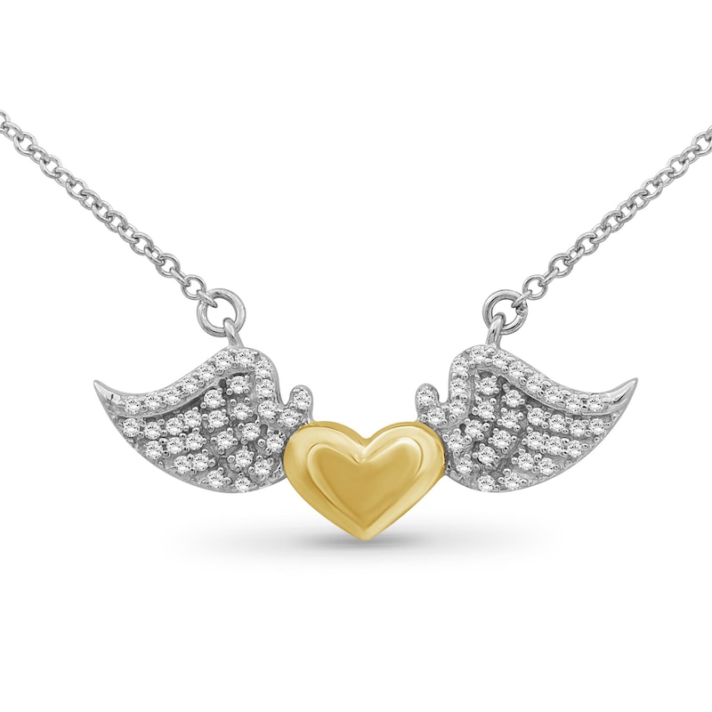 Main Image 1 of 1/8 CT. T.W. Diamond Puff Heart with Angel Wings Necklace in Sterling Silver and 14K Gold Plate
