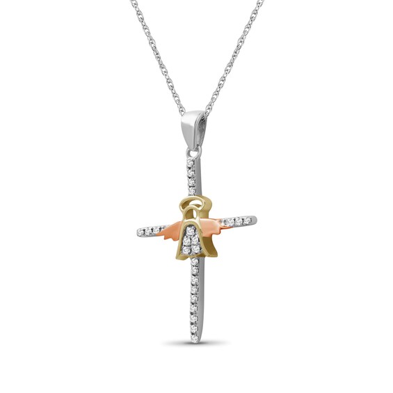 1/10 CT. T.w. Diamond Mini Angel on Cross Pendant in Sterling Silver and 14K Two-Tone Gold Plate