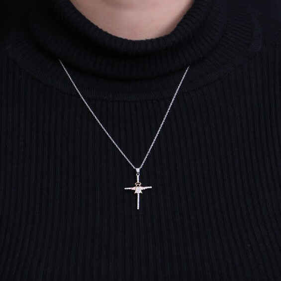 1/10 CT. T.w. Diamond Mini Angel on Cross Pendant in Sterling Silver and 14K Two-Tone Gold Plate