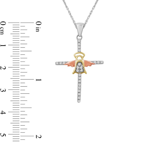 1/10 CT. T.w. Diamond Mini Angel on Cross Pendant in Sterling Silver and 14K Two-Tone Gold Plate