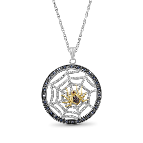 1/2 CT. T.w. Red, Green and White Diamond Circle Frame Spider Web Drop Pendant in Sterling Silver and 14K Gold Plate