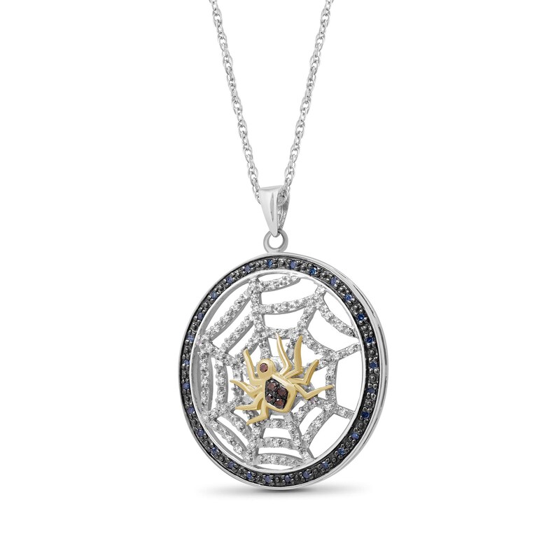 Main Image 2 of 1/2 CT. T.W. Red, Green and White Diamond Circle Frame Spider Web Drop Pendant in Sterling Silver and 14K Gold Plate