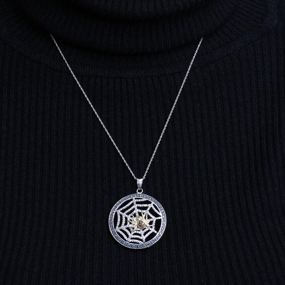 1/2 CT. T.w. Red, Green and White Diamond Circle Frame Spider Web Drop Pendant in Sterling Silver and 14K Gold Plate
