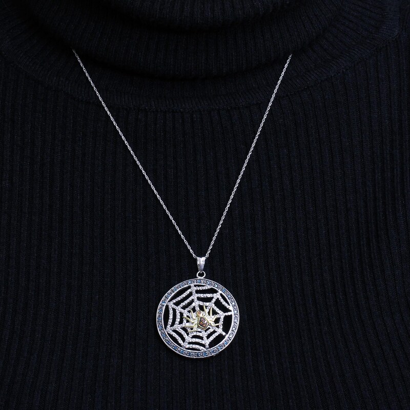 Main Image 3 of 1/2 CT. T.W. Red, Green and White Diamond Circle Frame Spider Web Drop Pendant in Sterling Silver and 14K Gold Plate