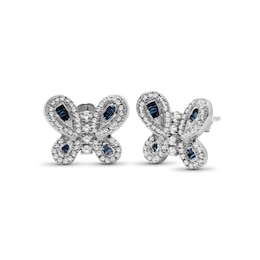 1/2 CT. T.W. Baguette Blue and White Diamond Butterfly Stud Earrings in Sterling Silver
