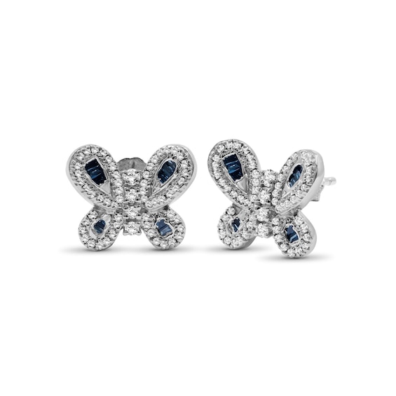 1/2 CT. T.w. Baguette Blue and White Diamond Butterfly Stud Earrings in Sterling Silver