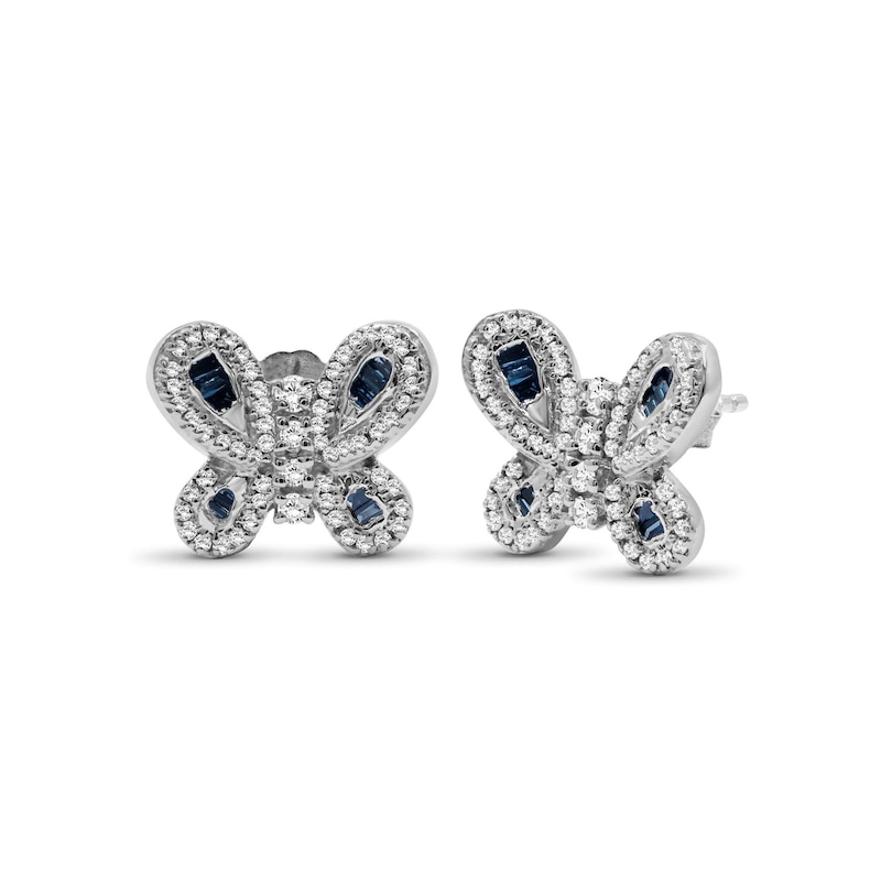 Main Image 1 of 1/2 CT. T.W. Baguette Blue and White Diamond Butterfly Stud Earrings in Sterling Silver