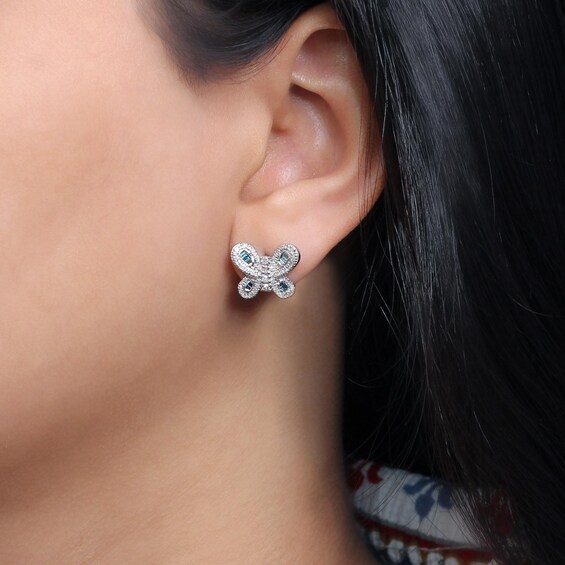 1/2 CT. T.w. Baguette Blue and White Diamond Butterfly Stud Earrings in Sterling Silver