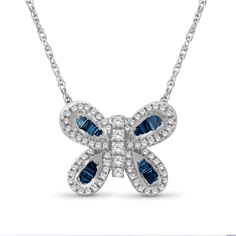 Main Image 1 of 1/2 CT. T.W. Baguette Blue and White Diamond Butterfly Pendant in Sterling Silver