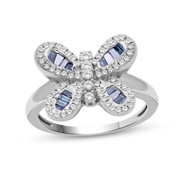 1/2 CT. T.W. Baguette Blue and White Diamond Butterfly Ring in Sterling Silver