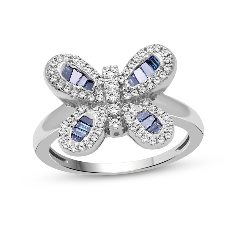 Main Image 1 of 1/2 CT. T.W. Baguette Blue and White Diamond Butterfly Ring in Sterling Silver