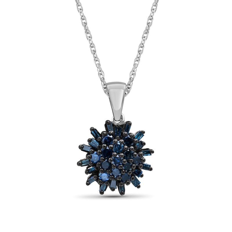 Main Image 1 of 3/4 CT. T.W. Baguette and Round Blue Multi-Diamond Sunburst Drop Pendant in Sterling Silver and Black Rhodium