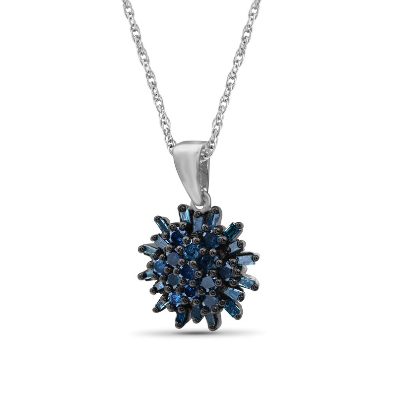 Main Image 2 of 3/4 CT. T.W. Baguette and Round Blue Multi-Diamond Sunburst Drop Pendant in Sterling Silver and Black Rhodium