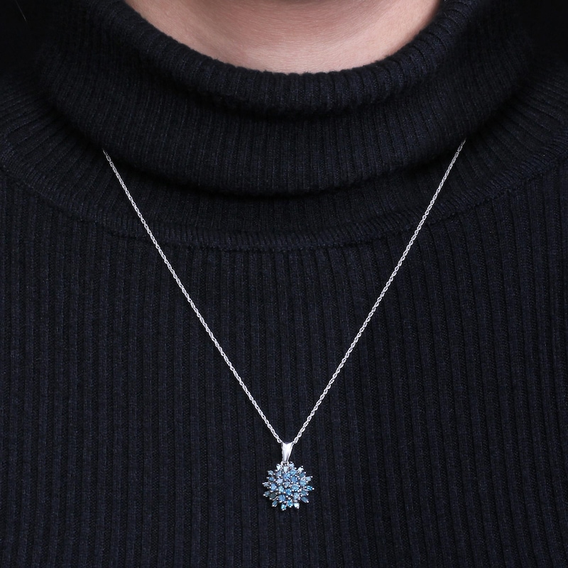 Main Image 3 of 3/4 CT. T.W. Baguette and Round Blue Multi-Diamond Sunburst Drop Pendant in Sterling Silver and Black Rhodium