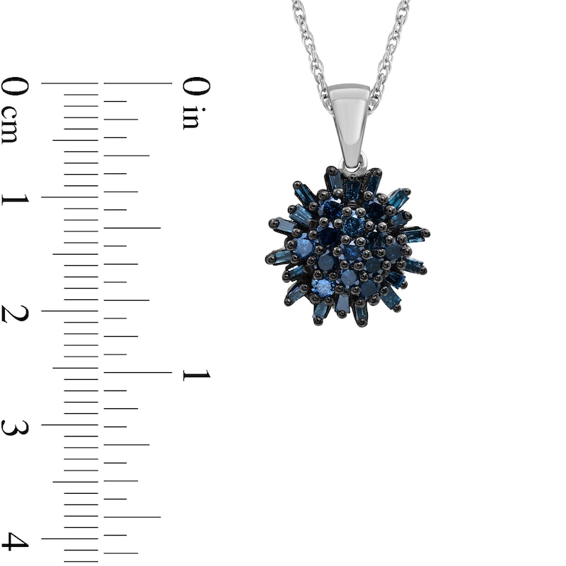 Main Image 4 of 3/4 CT. T.W. Baguette and Round Blue Multi-Diamond Sunburst Drop Pendant in Sterling Silver and Black Rhodium