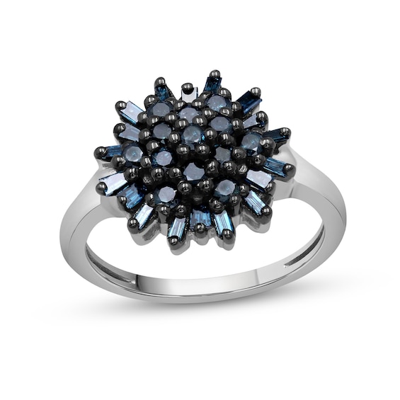 3/4 CT. T.w. Baguette and Round Blue Multi-Diamond Sunburst Ring in Sterling Silver and Black Rhodium