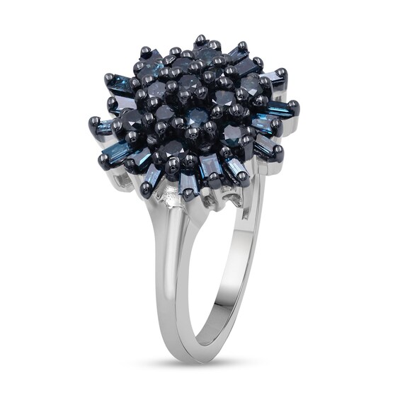 3/4 CT. T.w. Baguette and Round Blue Multi-Diamond Sunburst Ring in Sterling Silver and Black Rhodium