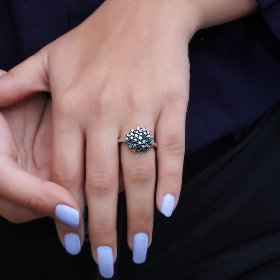 3/4 CT. T.w. Baguette and Round Blue Multi-Diamond Sunburst Ring in Sterling Silver and Black Rhodium