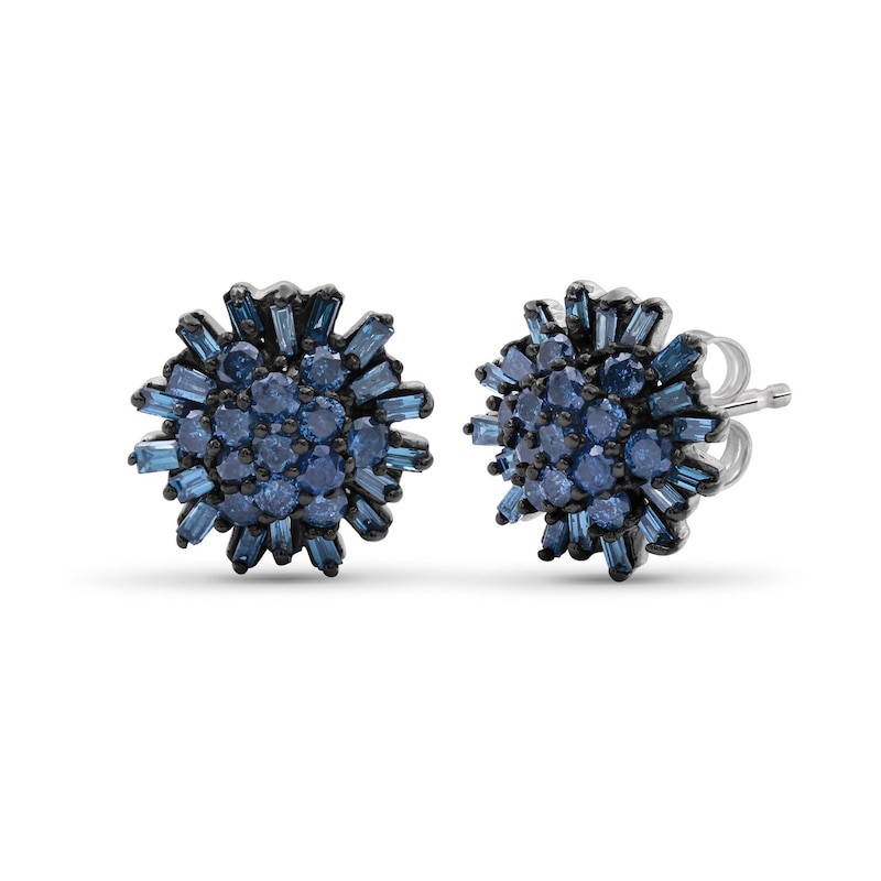 Main Image 1 of 3/4 CT. T.W. Baguette and Round Blue Multi-Diamond Sunburst Stud Earrings in Sterling Silver with Black Rhodium