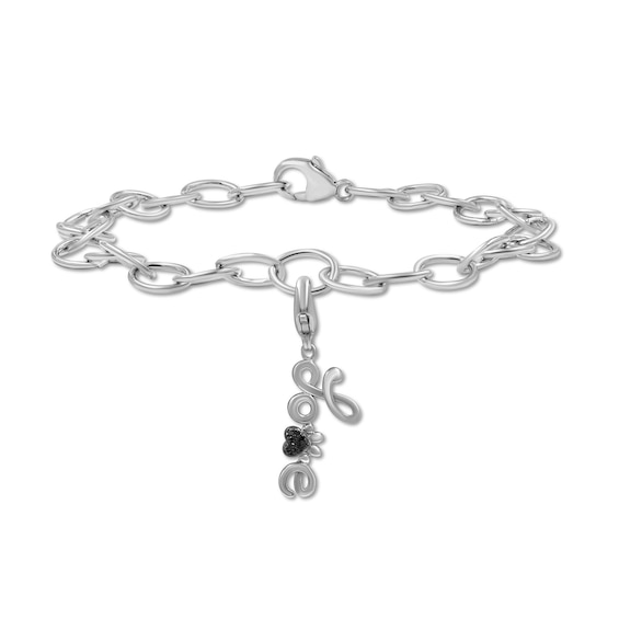 Black Diamond Accent Paw Print Cursive "Love" Charm Bracelet in Sterling Silver - 7.5"