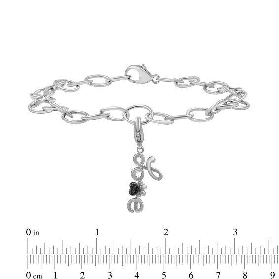 Black Diamond Accent Paw Print Cursive "Love" Charm Bracelet in Sterling Silver - 7.5"
