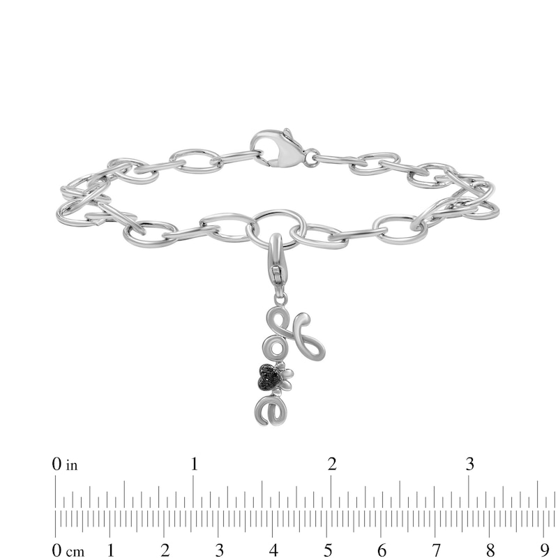 Black Diamond Accent Paw Print Cursive "Love" Charm Bracelet in Sterling Silver - 7.5"