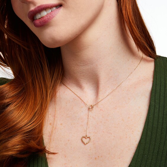 Diamond-Cut Double Heart Lariat Necklace in 10K Gold