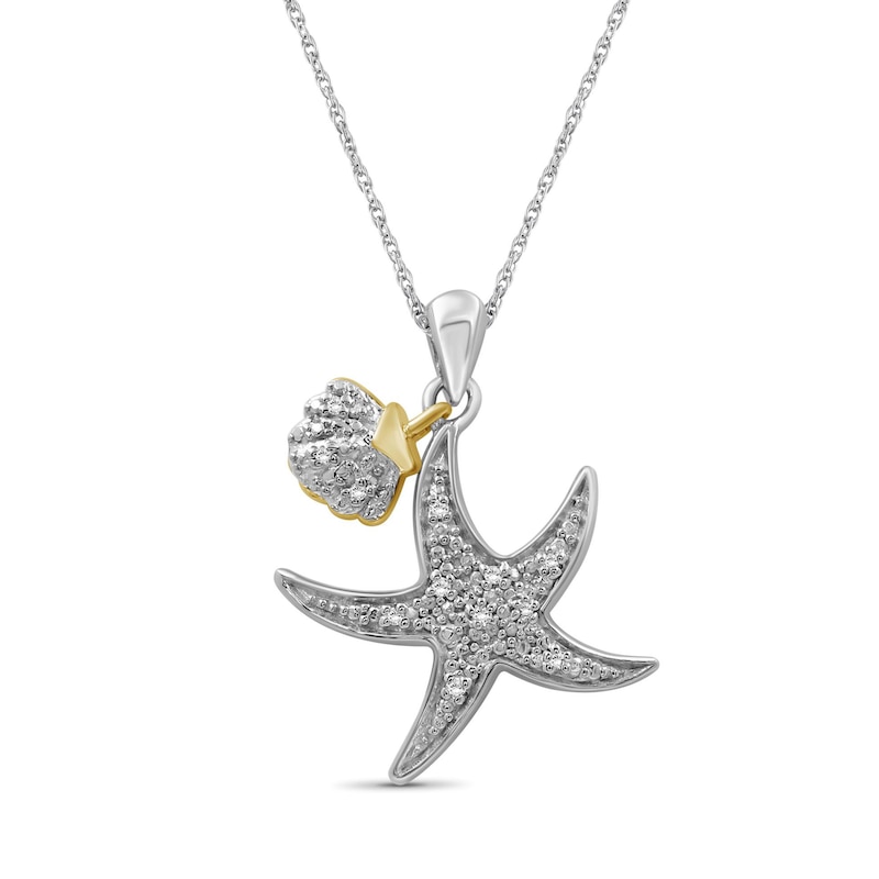 Main Image 1 of Diamond Accent Beaded Starfish with Scallop Seashell Charm Drop Pendant in Sterling Silver and 14K Gold Plate