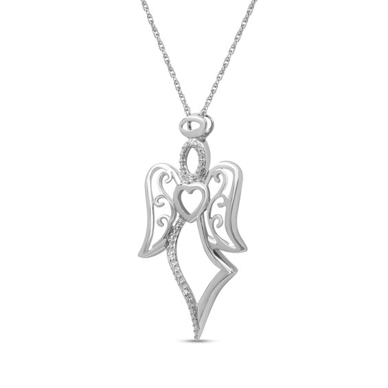 Diamond Accent Beaded Heart and Filigree Angel Outline Pendant in Sterling Silver