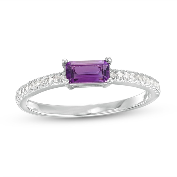 Sideways Baguette Amethyst and 1/10 CT. T.w. Diamond PavÃ© Ring in 10K White Gold