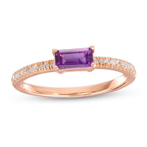 Sideways Baguette Amethyst and 1/10 CT. T.w. Diamond PavÃ© Ring in 10K Rose Gold